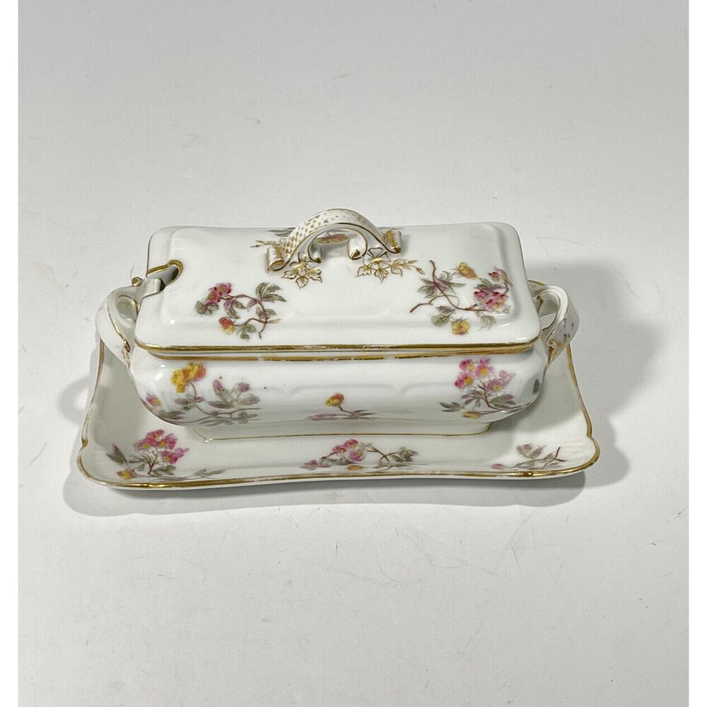 ANTIQUE‎ HAVILAND LIMOGES PORCELAIN Floral Tureen With Lid Plate CFH/GDM Dish